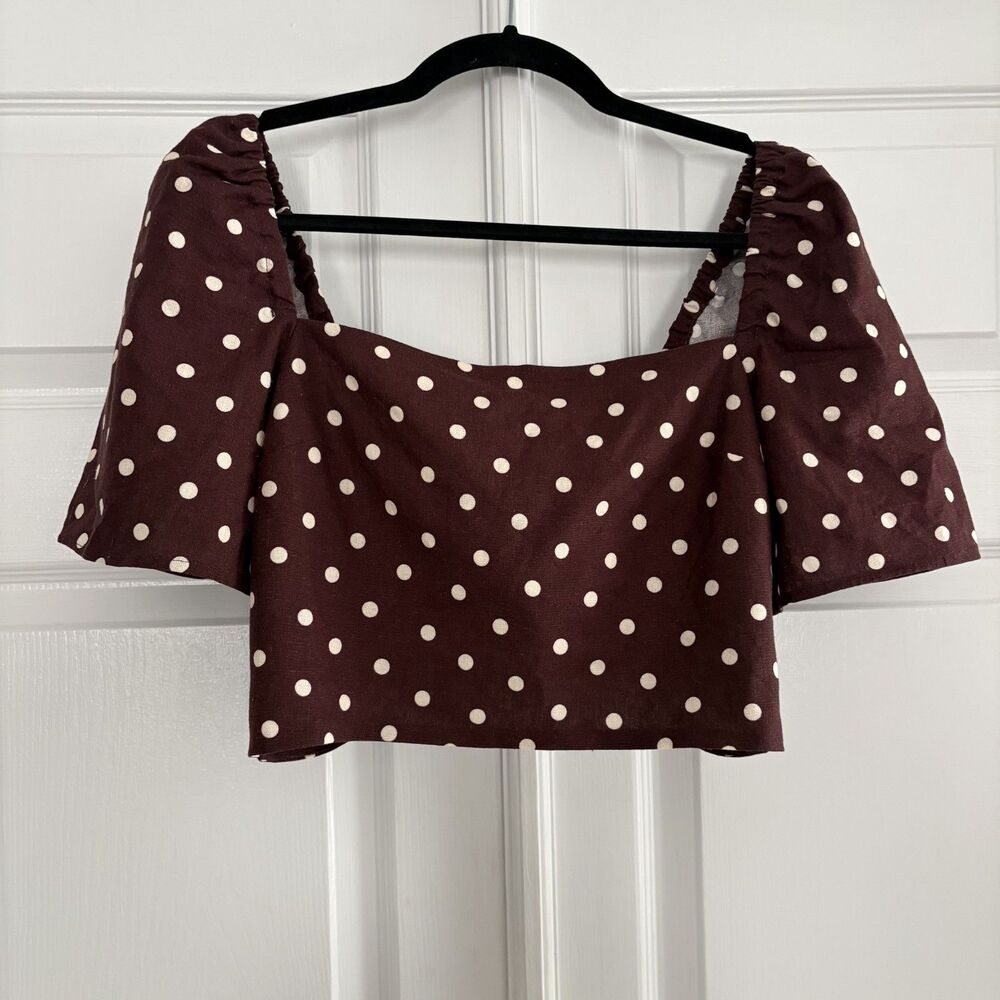 NWOT Sezane Womens Manuella Size 6 Chocolate Brown Polka Dot Blouse Tie Back